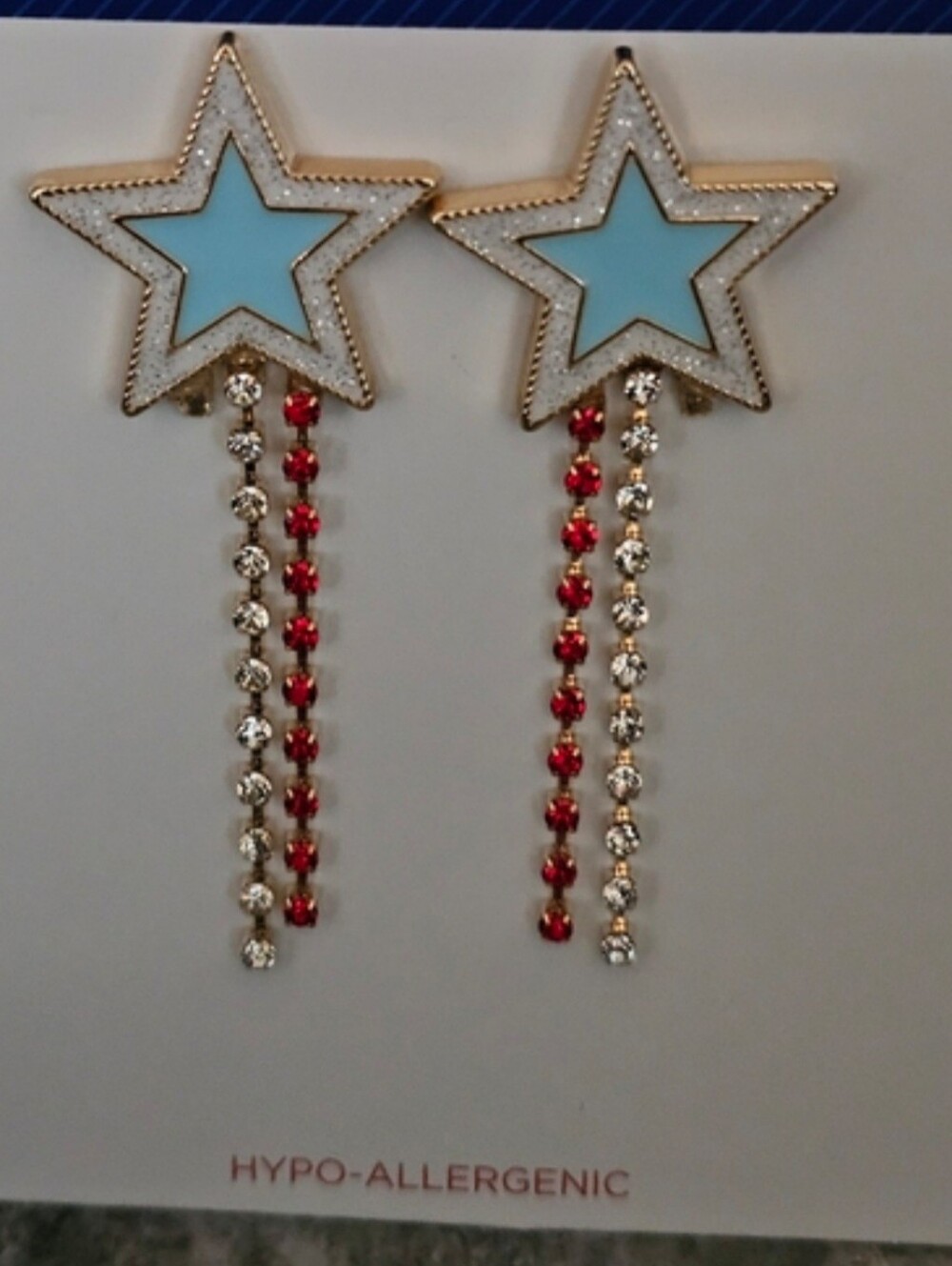 Patriotic Blue Star Dangle Earrings with Red and Silver Chains